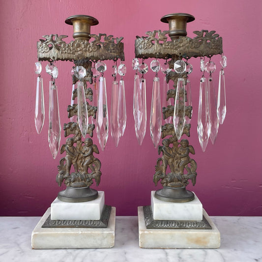 Victorian Cherub Girandoles with Crystal Drops on Marble Base