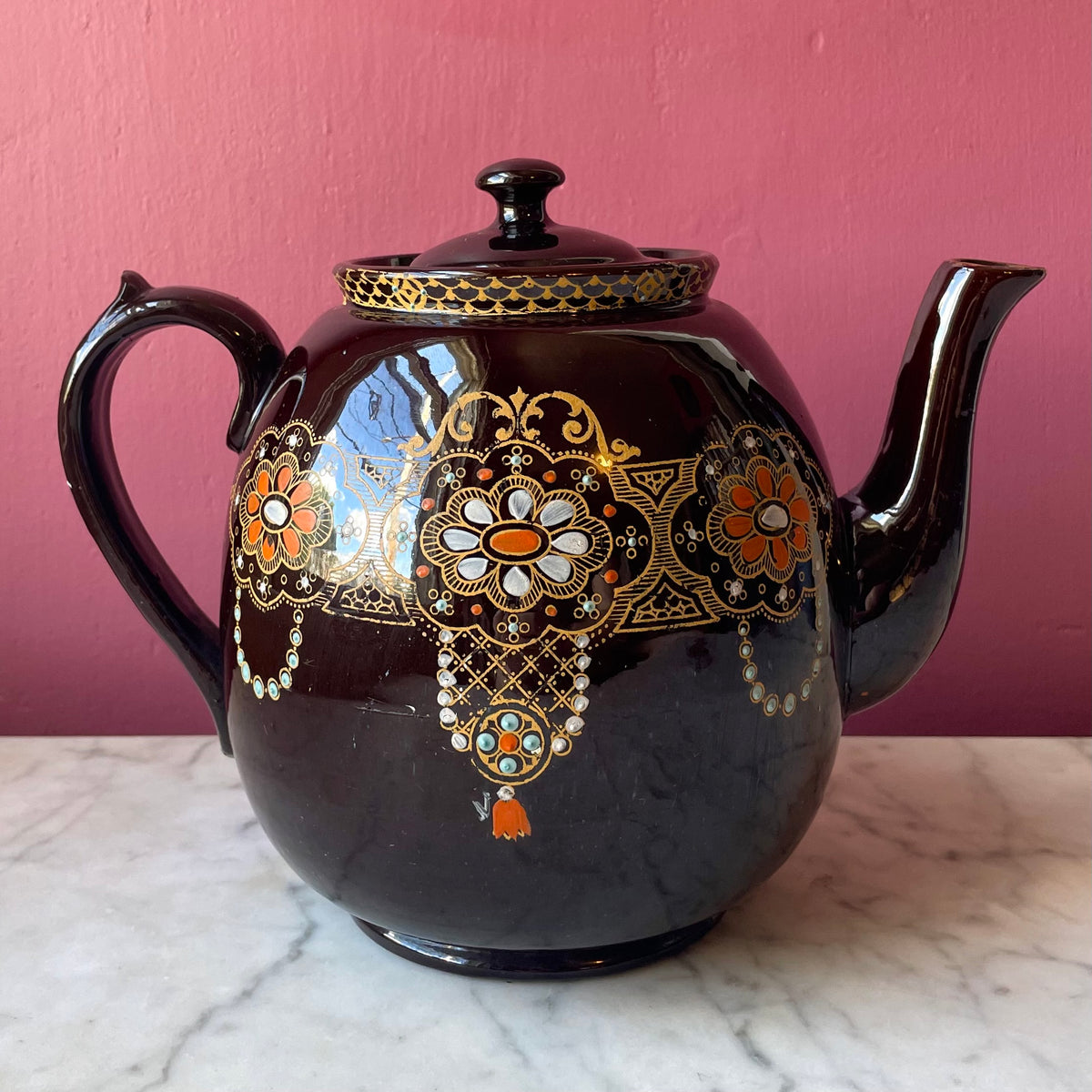 Vintage 1930s English Teapot with Rockingham Glaze & Moriage Enamel