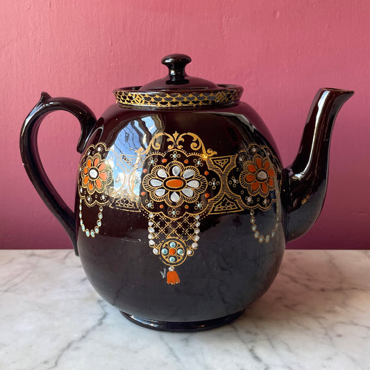 Vintage 1930s English Teapot with Rockingham Glaze & Moriage Enamel