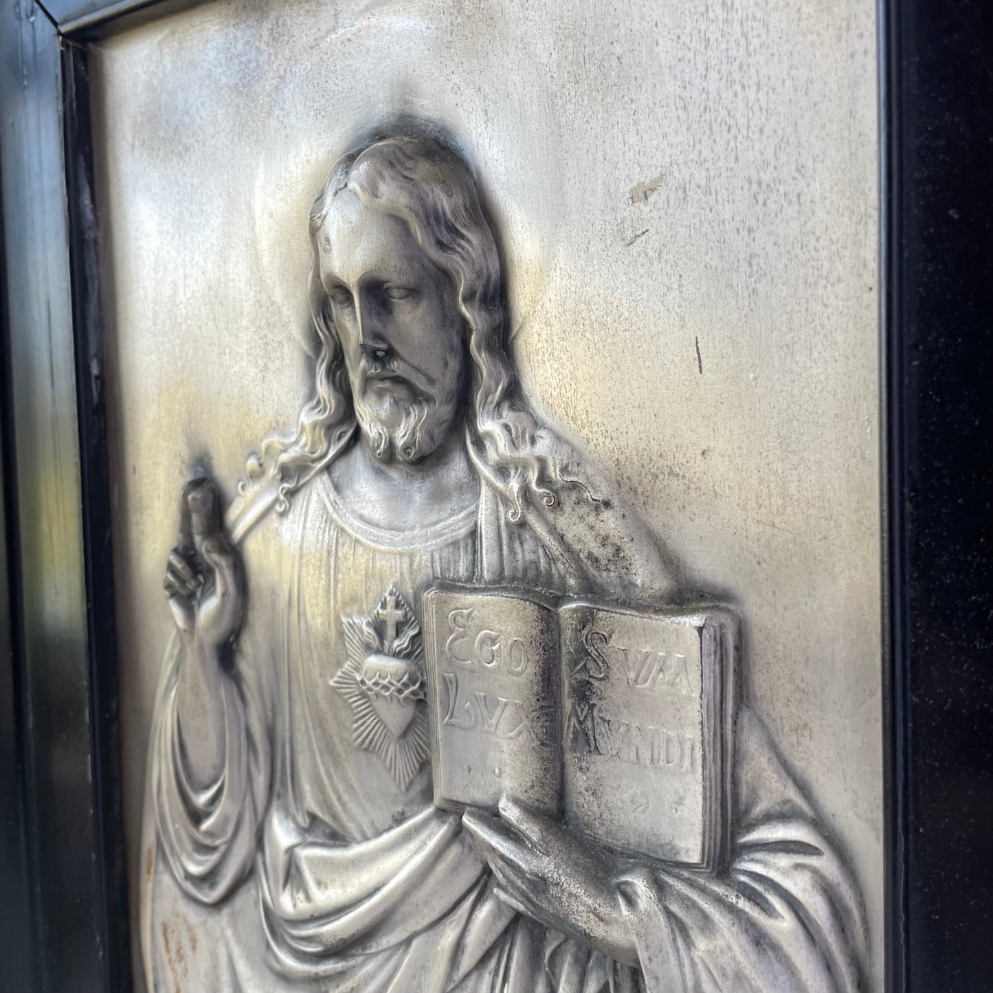 Ego Sum Lux Mundi | Antique Religious Plaque in Wooden Frame