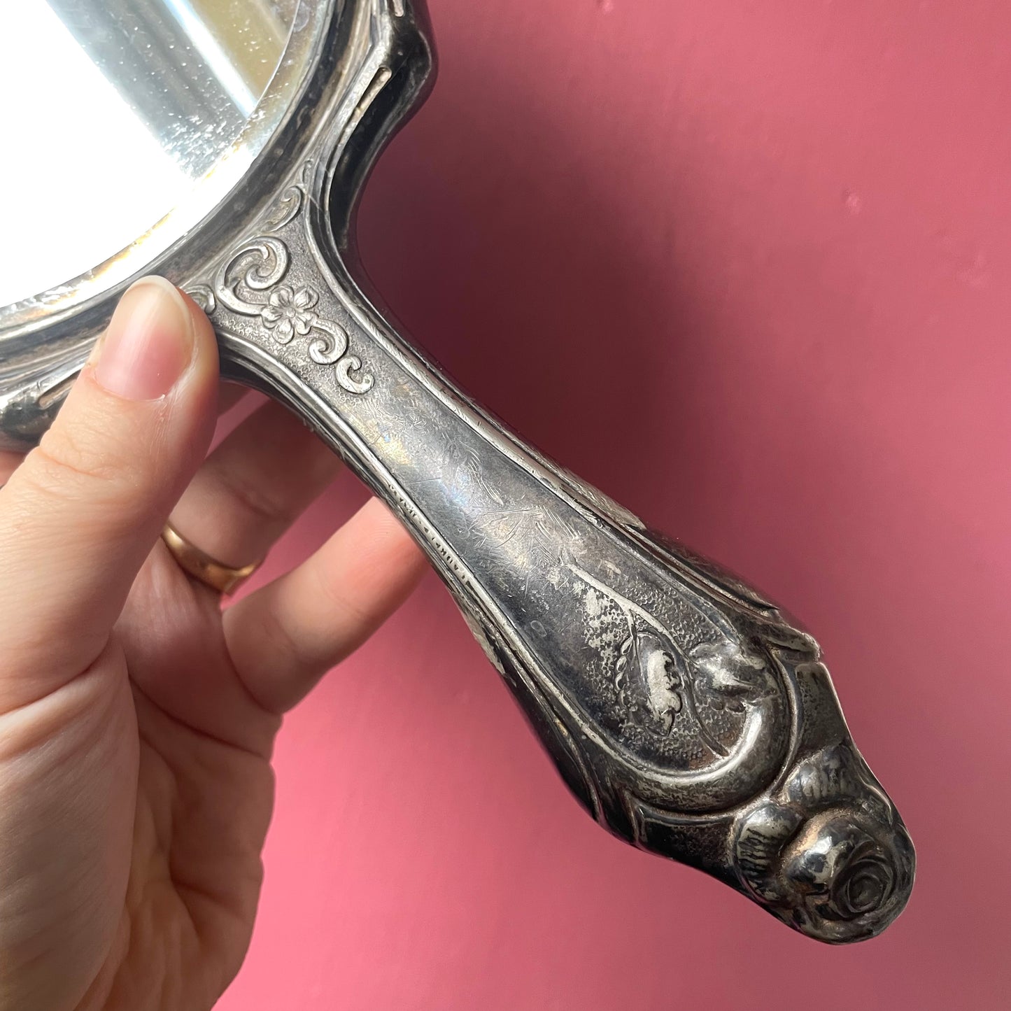Victorian Silver Plated Hand Mirror with Roses