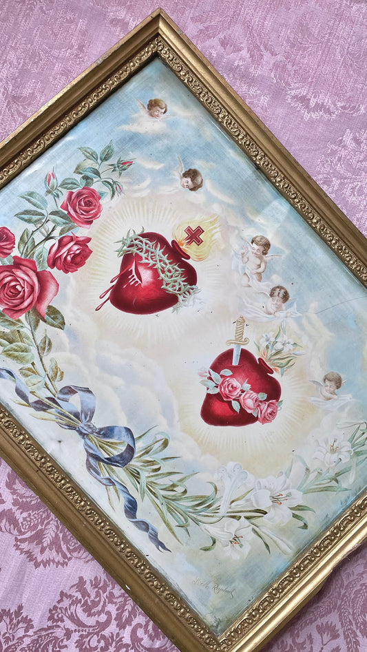 Antique Sacred Heart of Jesus and Mary Lithograph