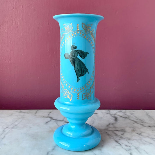 Victorian Blue Opaline Glass Vase with Etched Goddess Figure
