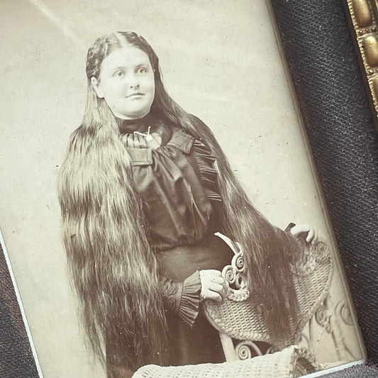 Victorian Girl with Super Long Hair | Framed Cabinet Card Photo