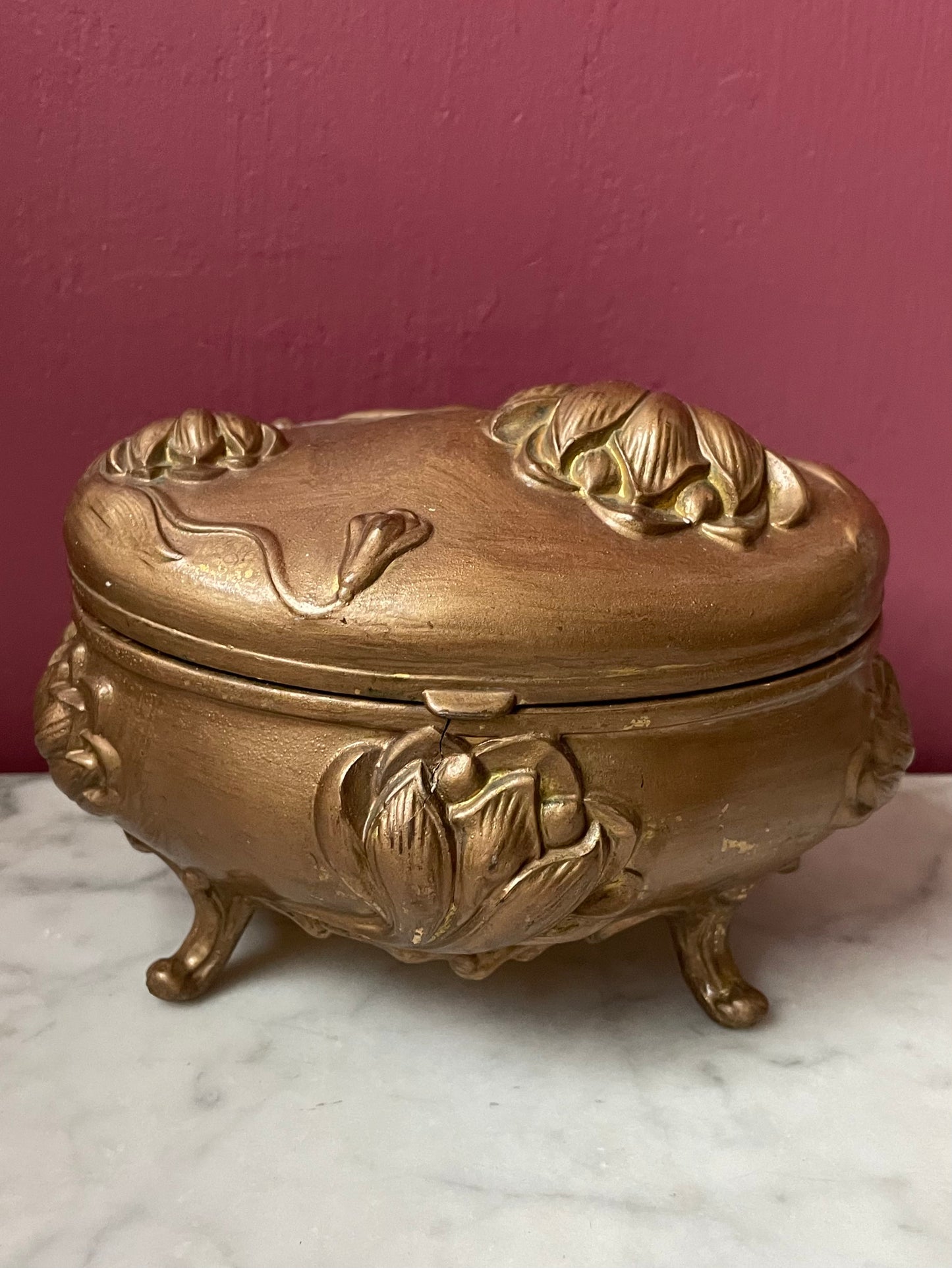 Art Nouveau Brass Jewelry Box with Lotus Blossoms