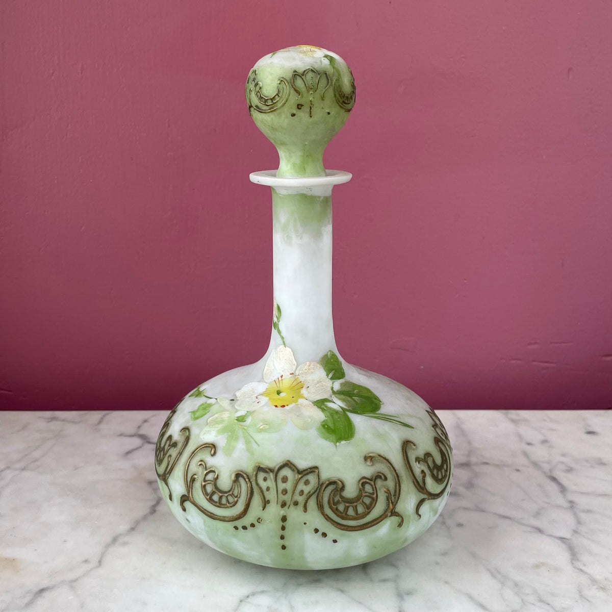 Antique Hand Painted Milk Glass Decanter