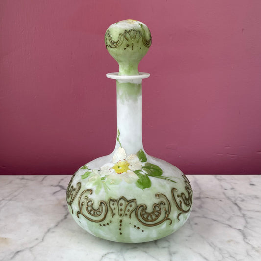 Antique Hand Painted Milk Glass Decanter