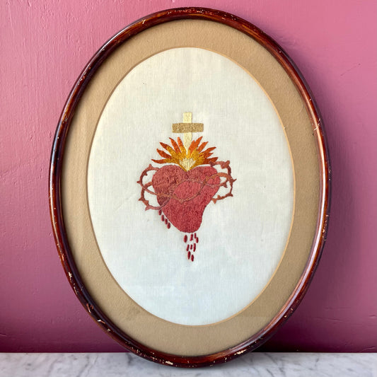 Antique Sacred Heart Embroidery | 14”