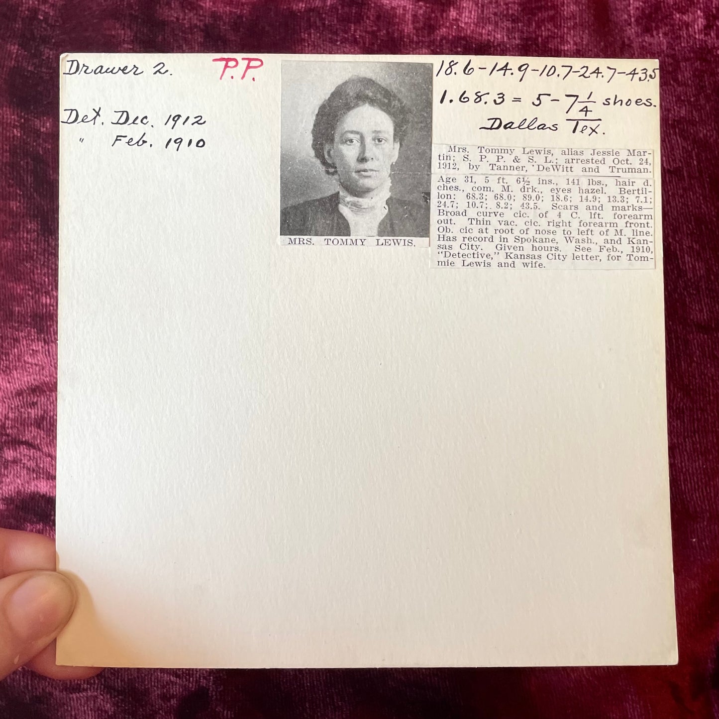 Antique Mugshot Card of Female Offender | Bertilon Card