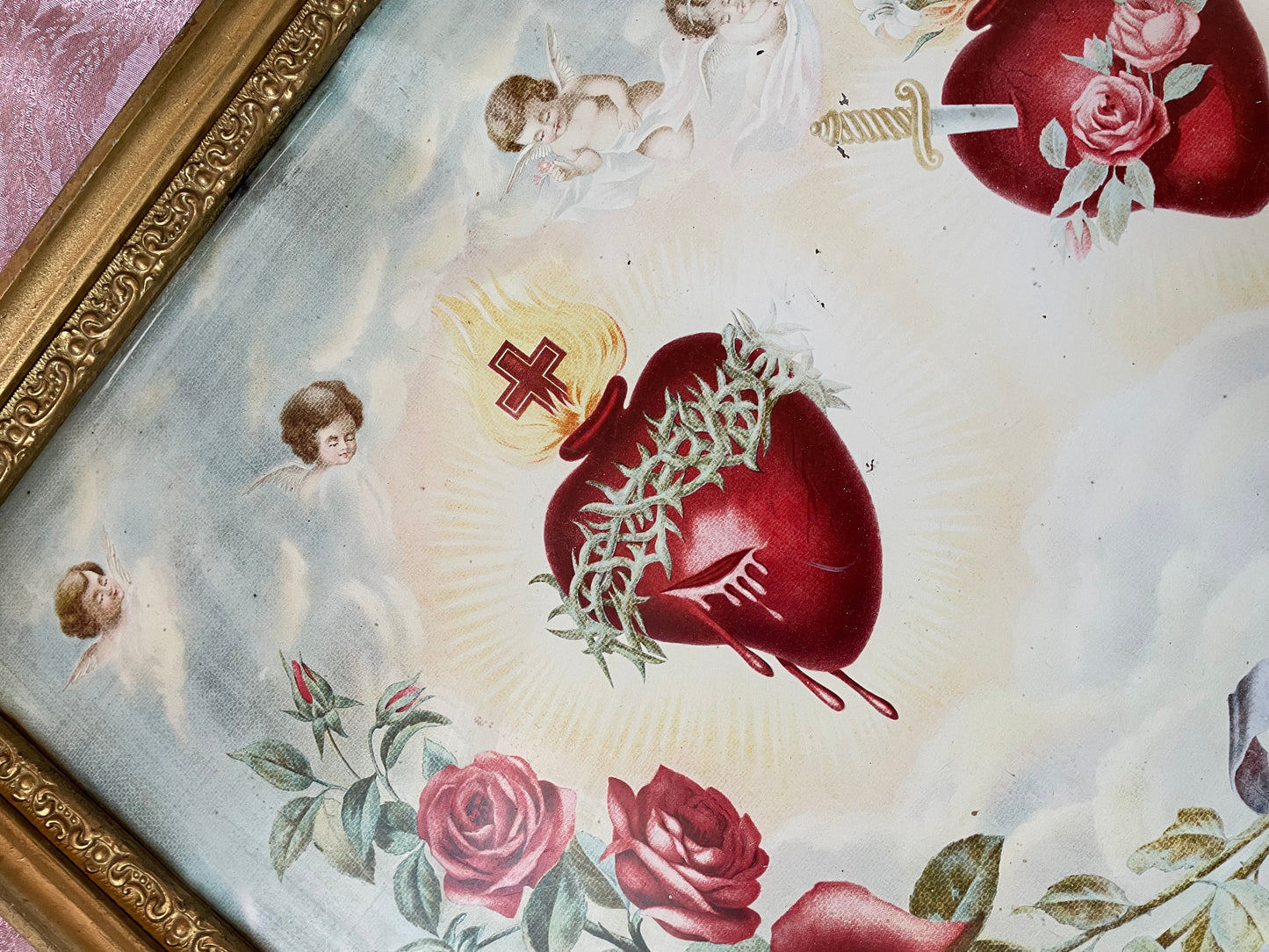 Antique Sacred Heart of Jesus and Mary Lithograph