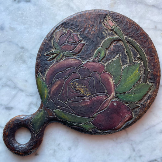 Antique Pyrography Mirror with Roses