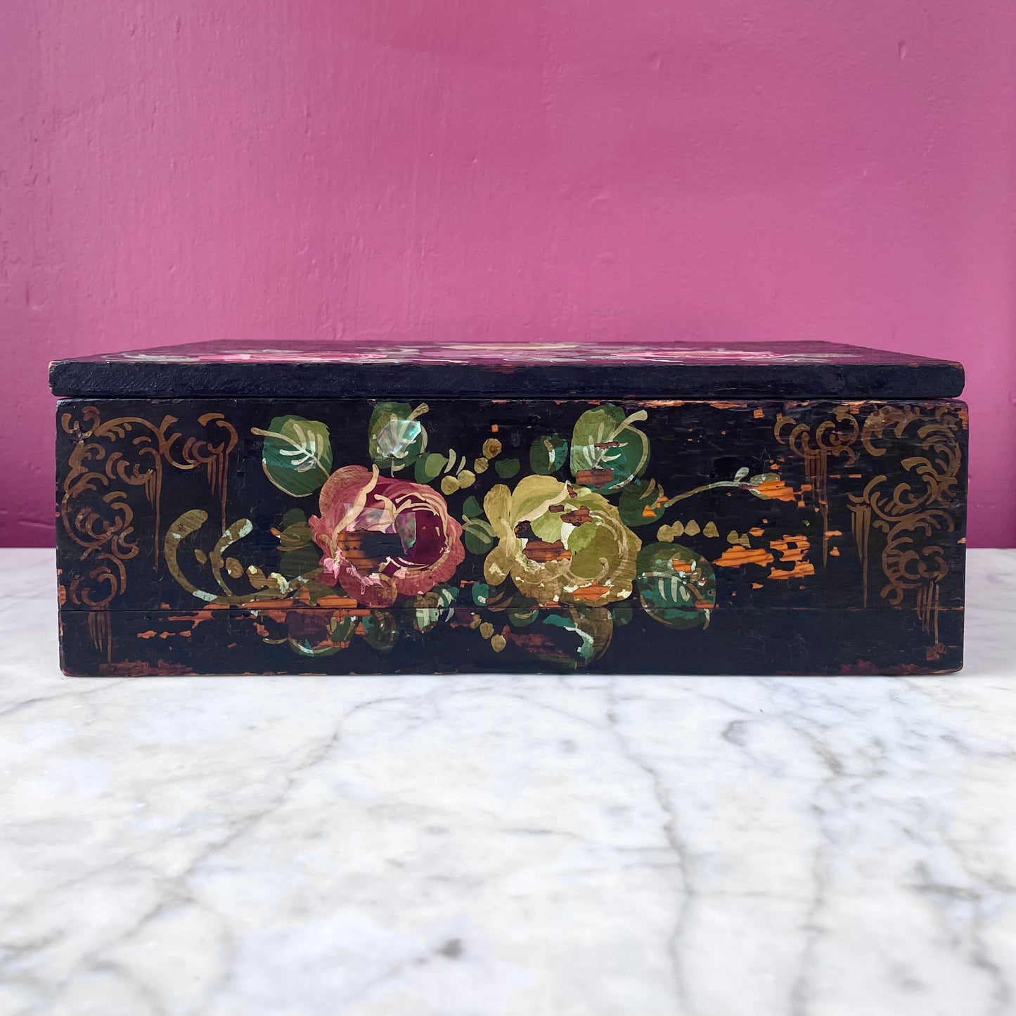 Victorian Floral Painted Box with Mother of Pearl