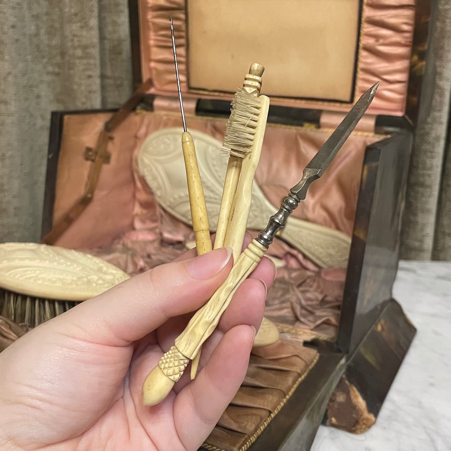 Victorian Celluloid Vanity Box with Contents