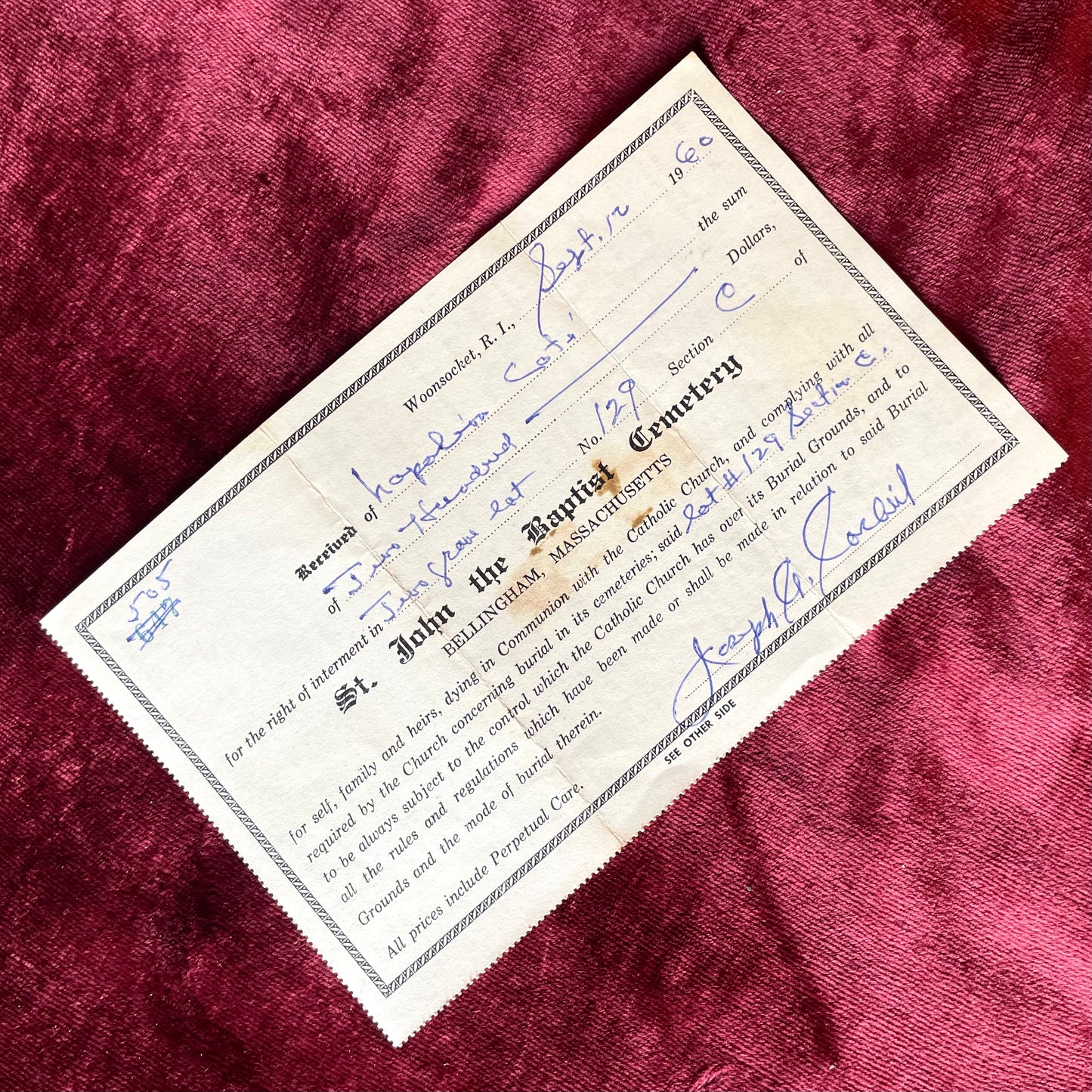 Saint John the Baptist Catholic Cemetery Deed