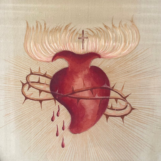 Antique Sacred Heart Painting on Silk