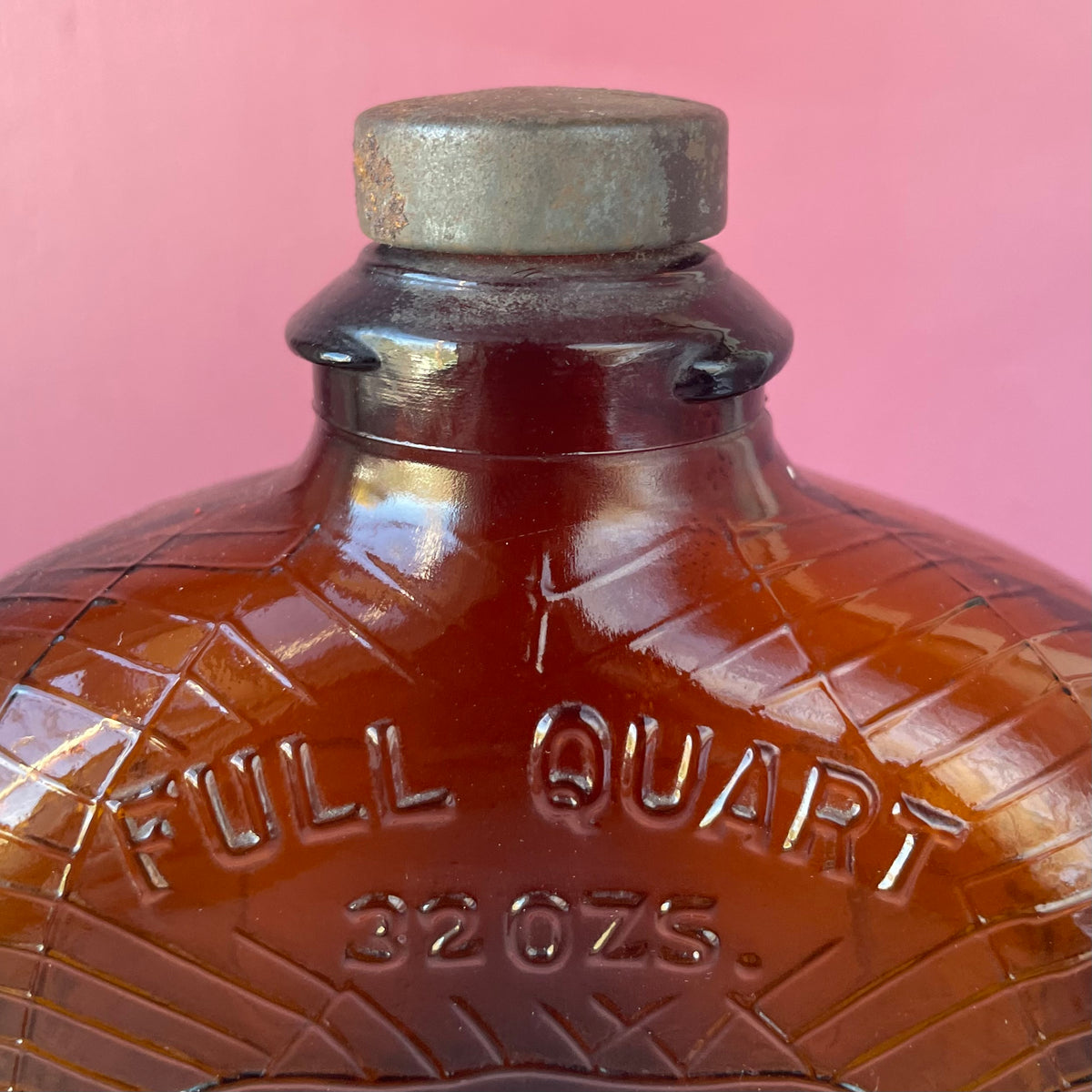 Antique Spiderweb Amber Glass Whiskey Bottle | Full Quart | 32 oz