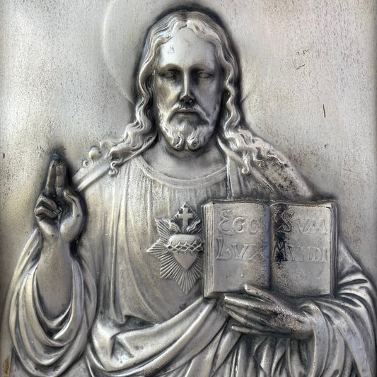 Ego Sum Lux Mundi | Antique Religious Plaque in Wooden Frame