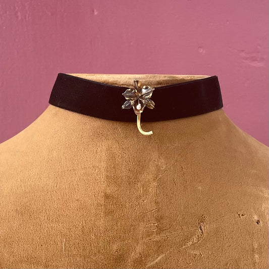 Antique Orchid Pin on Velvet Choker