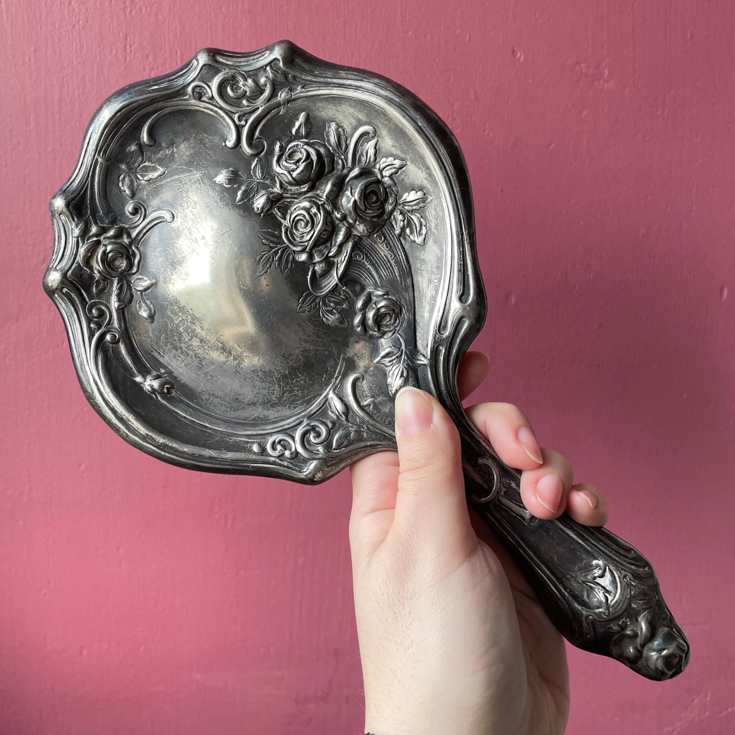 Victorian Silver Plated Hand Mirror with Roses