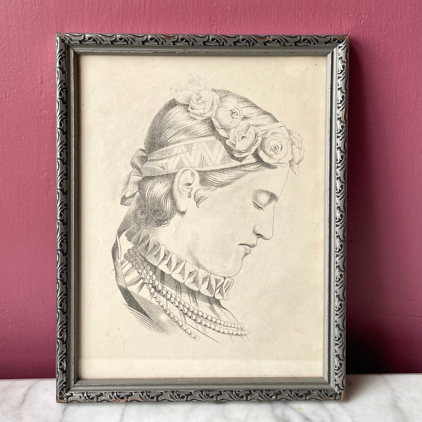Crowned with Flowers | Antique Pencil Sketch