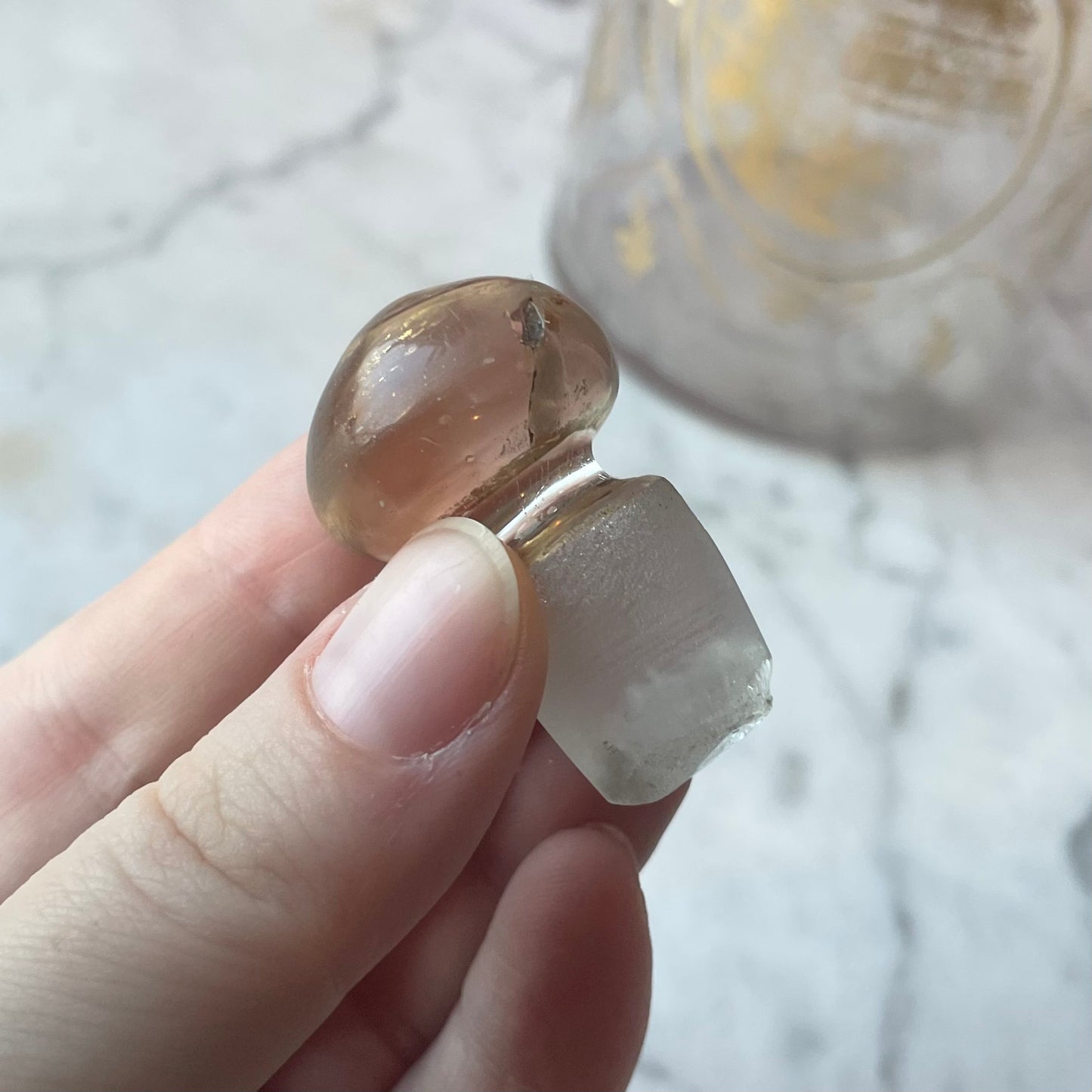 Antique French Handblown Glass Cologne Bottle with Gilded Hearts