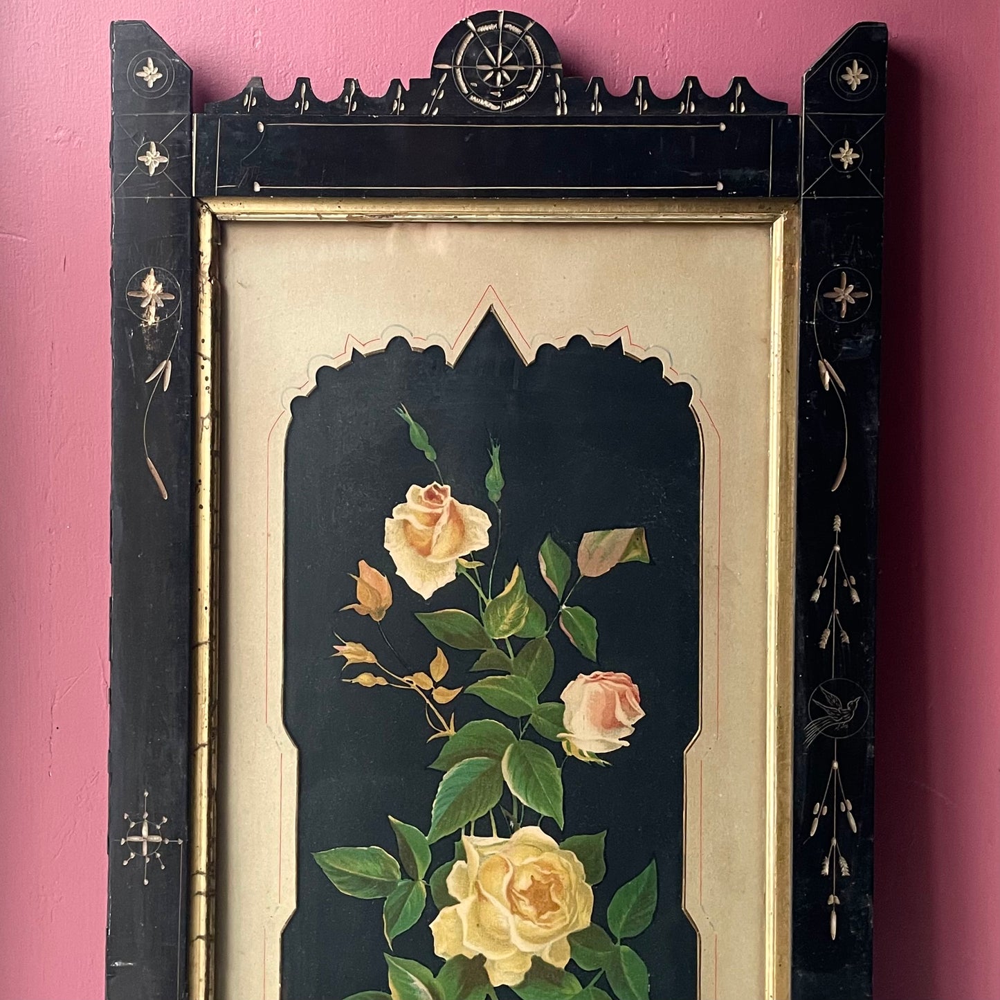 Victorian Floral Lithograph in Black Aesthetic Movement Frame