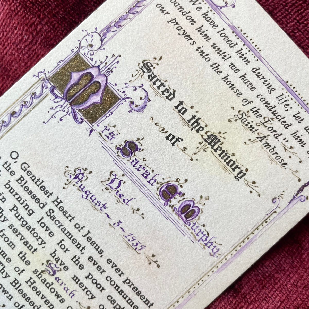 Vintage Mourning Monastery Work Prayer Card
