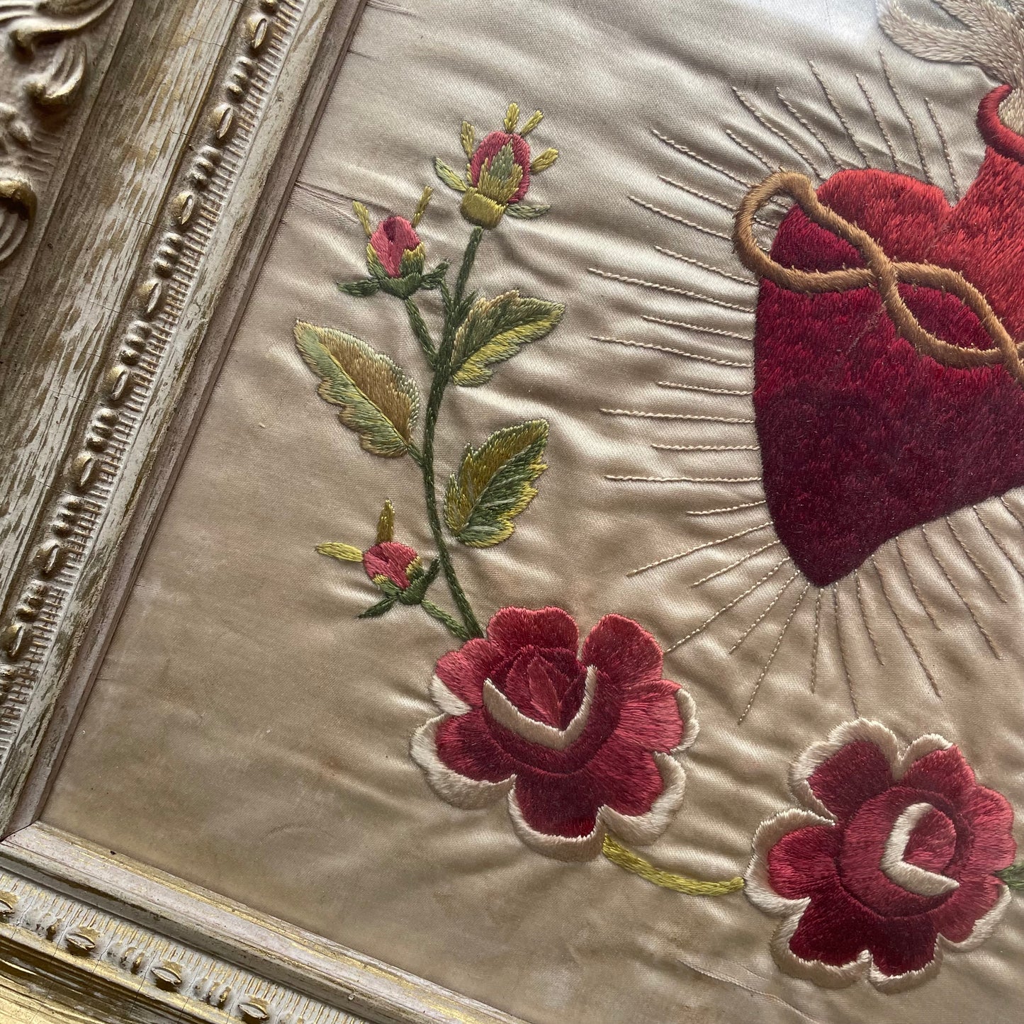 Antique Sacred Heart Embroidery on Silk