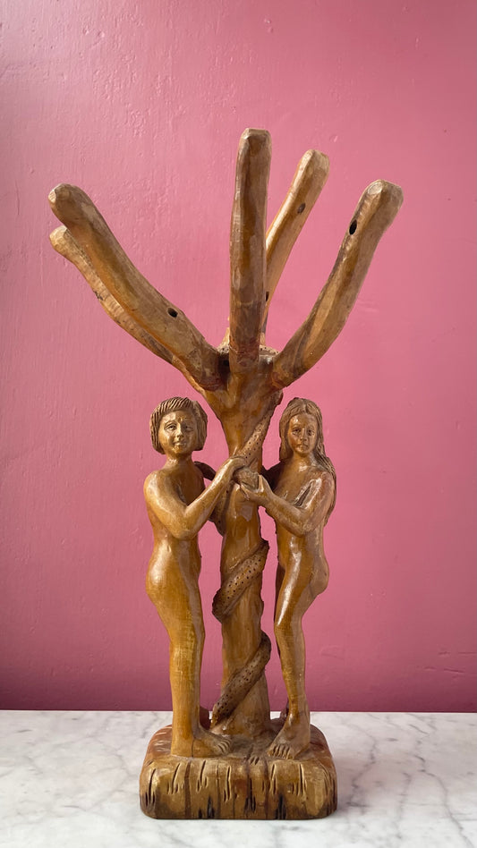 Antique Carved Wood Folk Art Adam & Eve