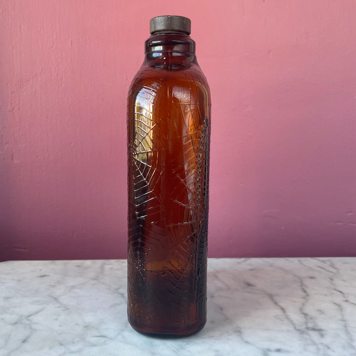 Antique Spiderweb Amber Glass Whiskey Bottle | Full Quart | 32 oz