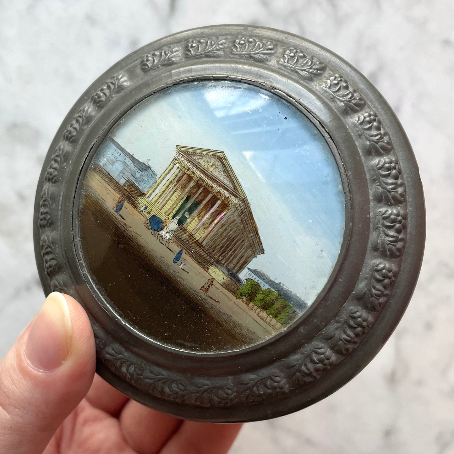 Early 19th c. Reverse Painted Glass & Metal Box | Maison Carrée | Grand Tour Souvenir