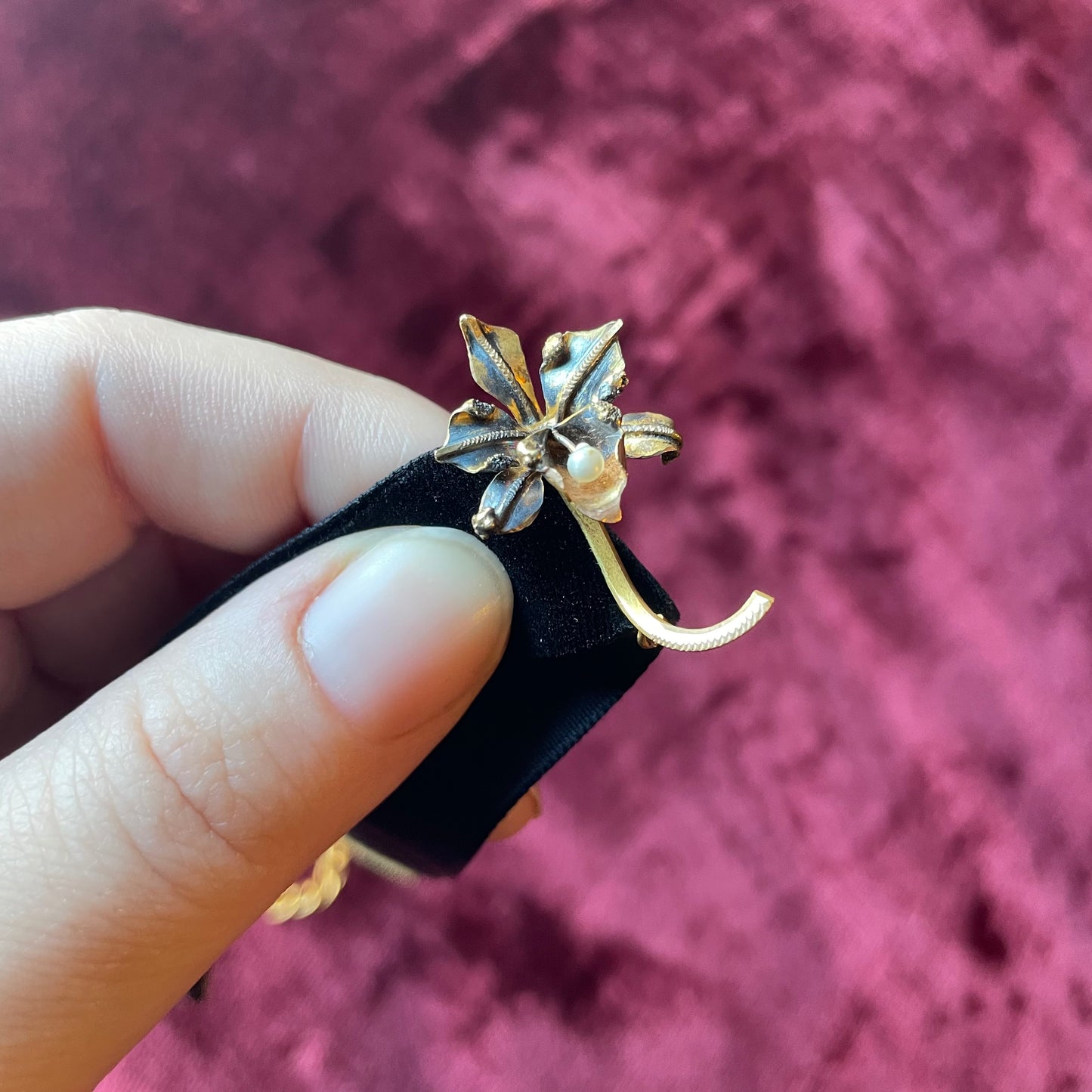 Antique Orchid Pin on Velvet Choker