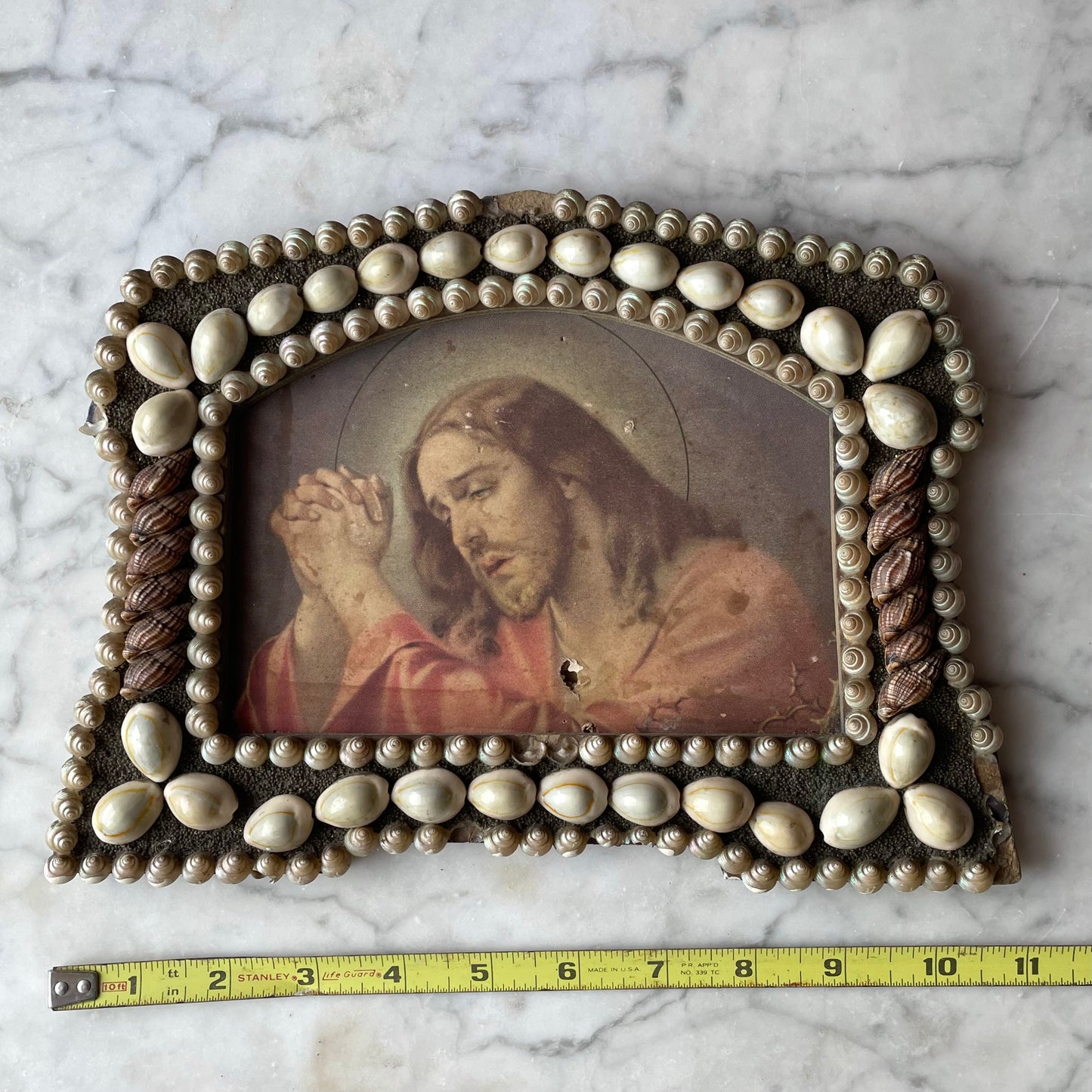 Antique Shellwork Frame with Christ Lithograph