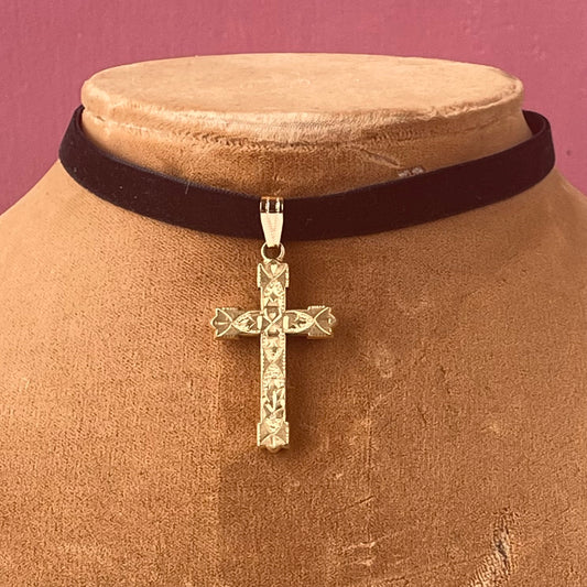 Gold Victorian Cross on Velvet Choker