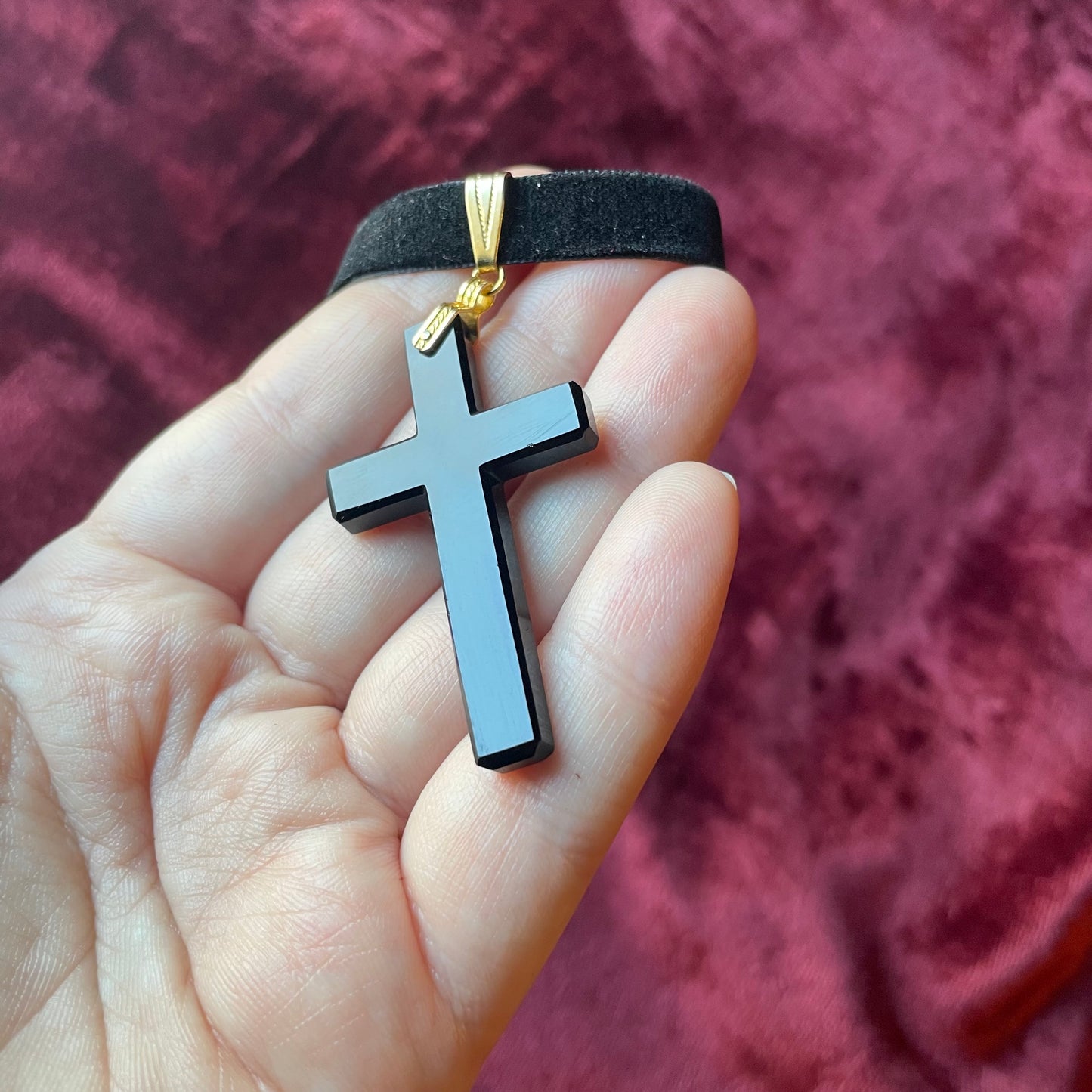 Antique French Jet Cross on Velvet Choker