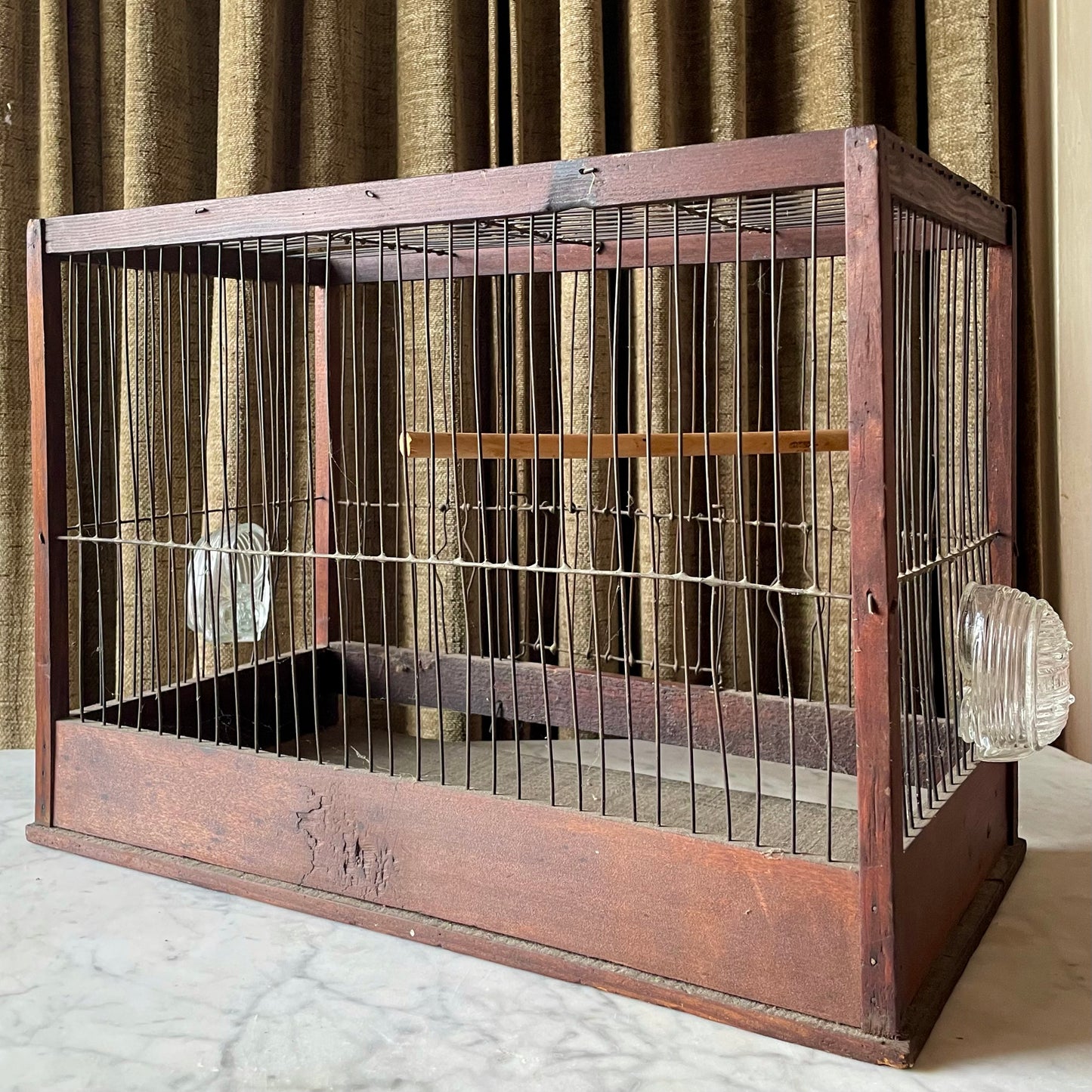 Large Victorian Wooden Bird Cage | Rectangle Shape with Perch and Feeders