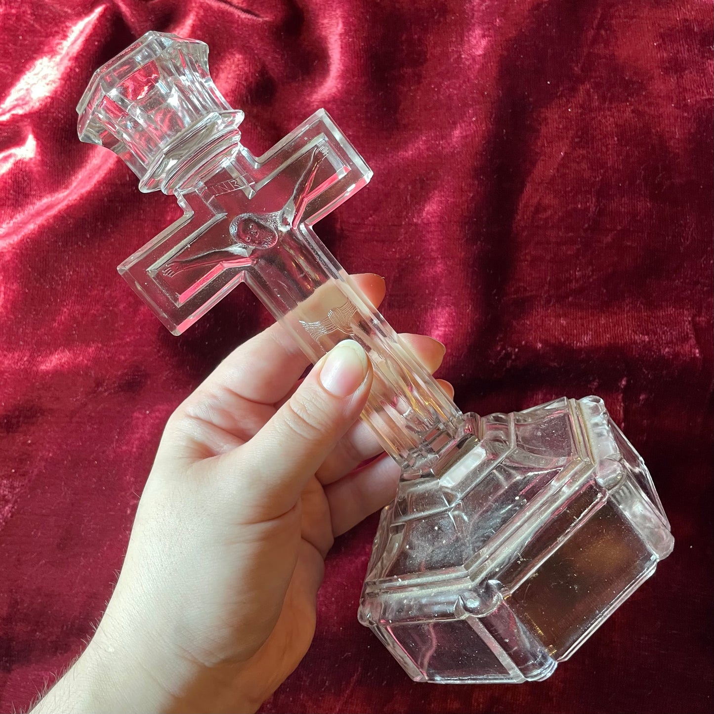 Antique Glass Crucifix Candleholder