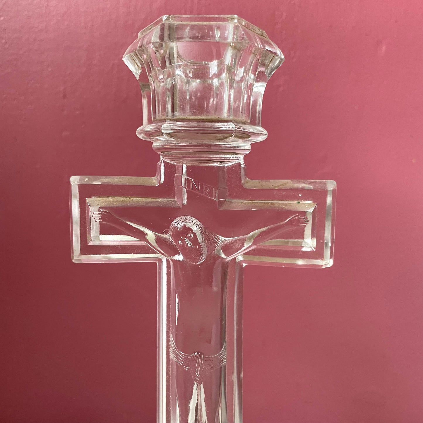 Antique Glass Crucifix Candleholder