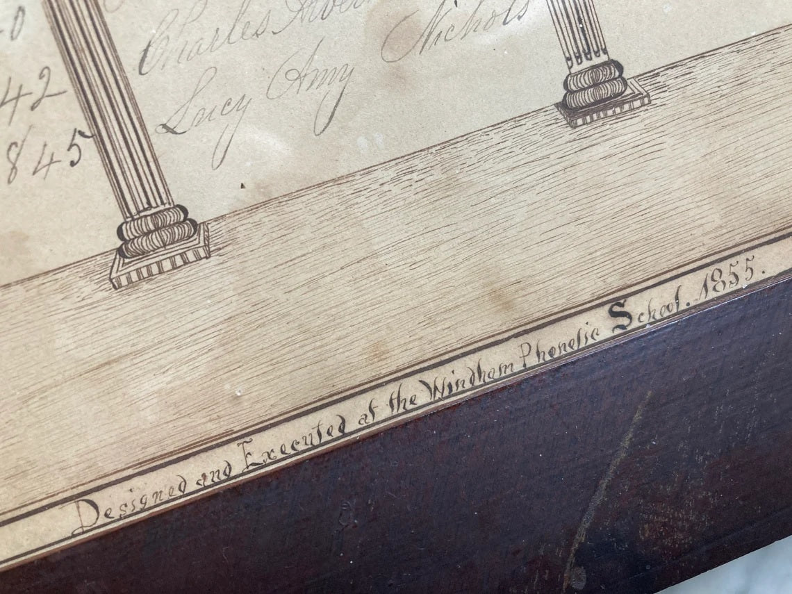 Antique Quaker Folk Art Hand Drawn Nichols Family Record - 1855 Windham Phonetic School