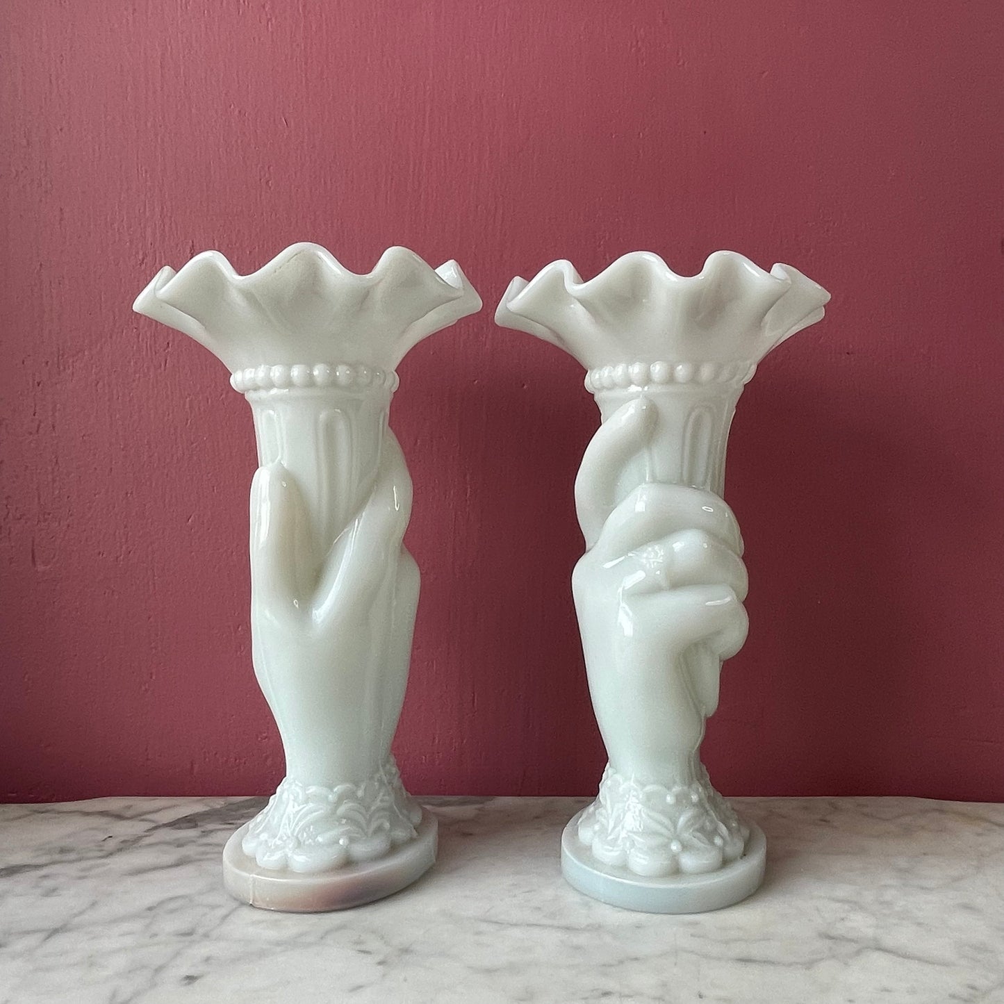 Antique Milk Glass Hand Vases