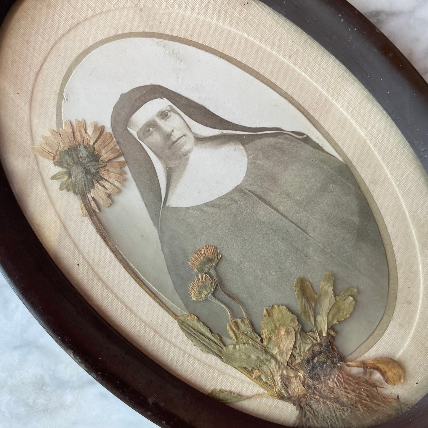 Antique Nun Photo in Oval Frame with Pressed Flowers