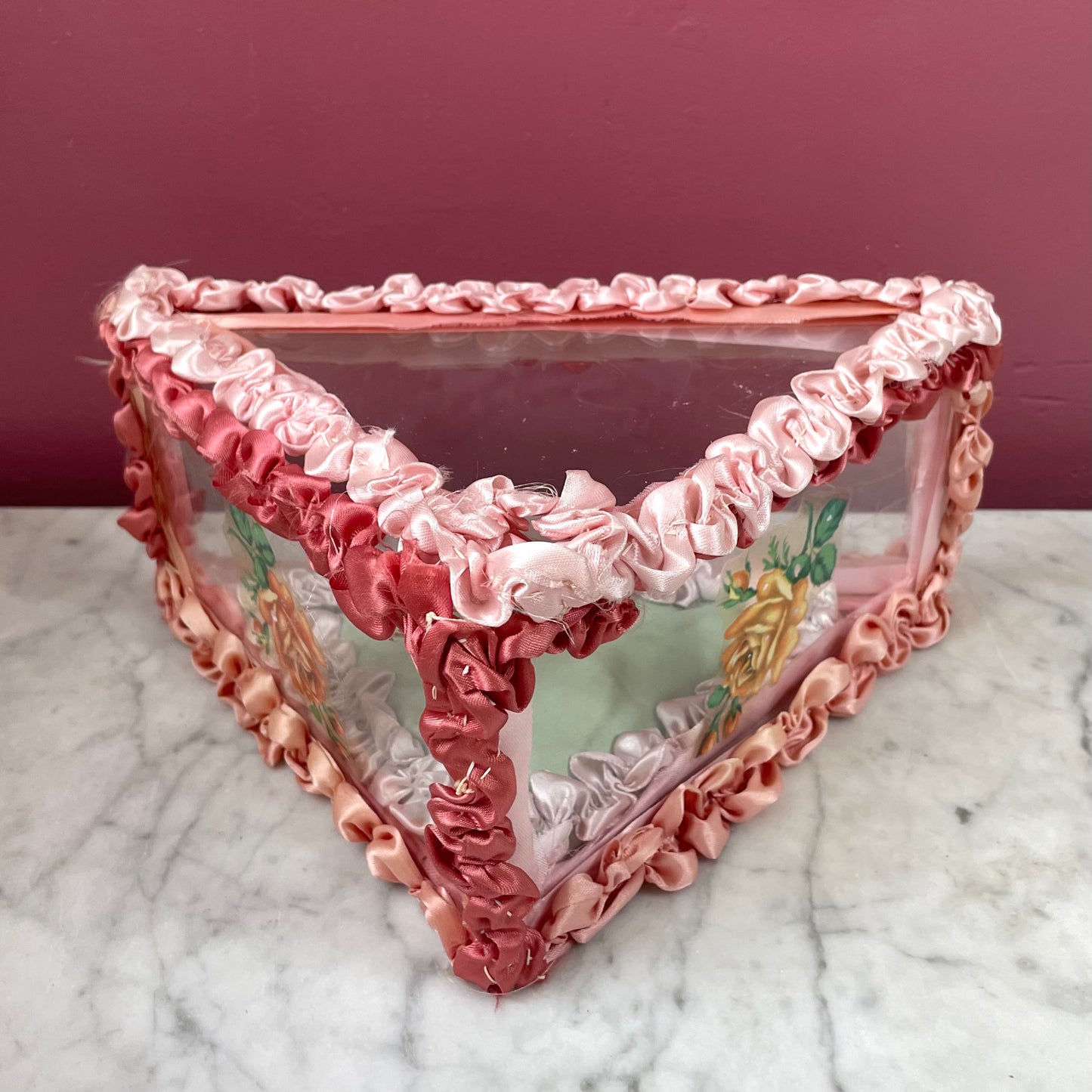 Antique Glass & Ribbonwork Handkerchief Box