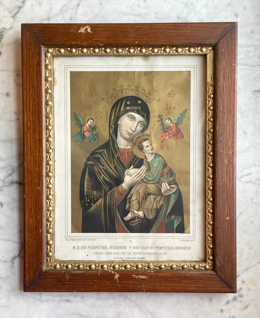 Antique Our Lady of Perpetual Help Lithograph Framed Print