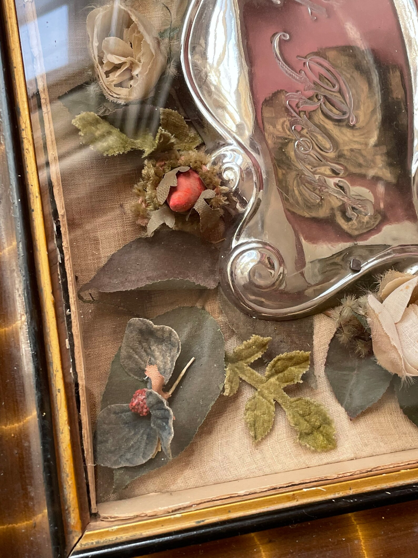 Victorian Mourning Shadow Box with Flowers & Casket Plate