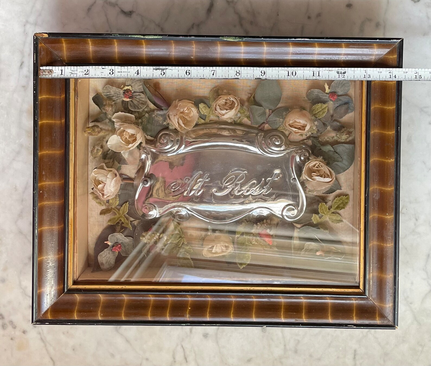 Victorian Mourning Shadow Box with Flowers & Casket Plate