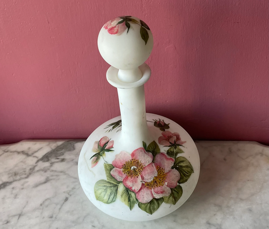 Antique Milk Glass Perfume Bottle with Hand Painted Cherry Blossoms