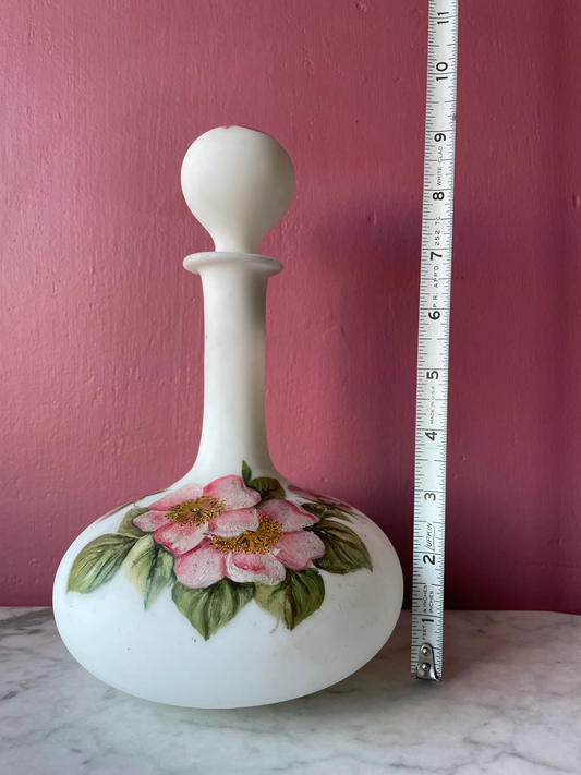 Antique Milk Glass Perfume Bottle with Hand Painted Cherry Blossoms