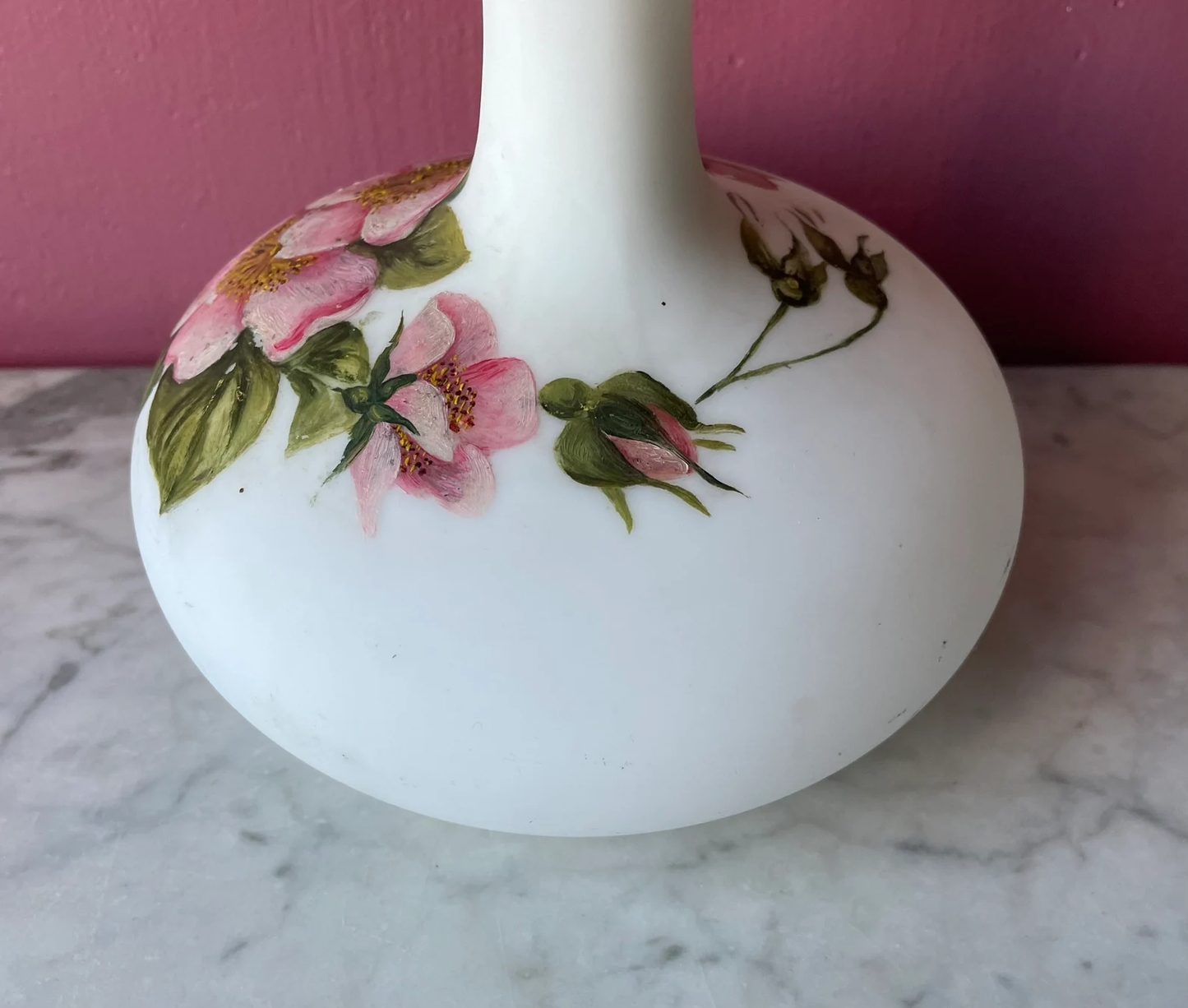 Antique Milk Glass Perfume Bottle with Hand Painted Cherry Blossoms
