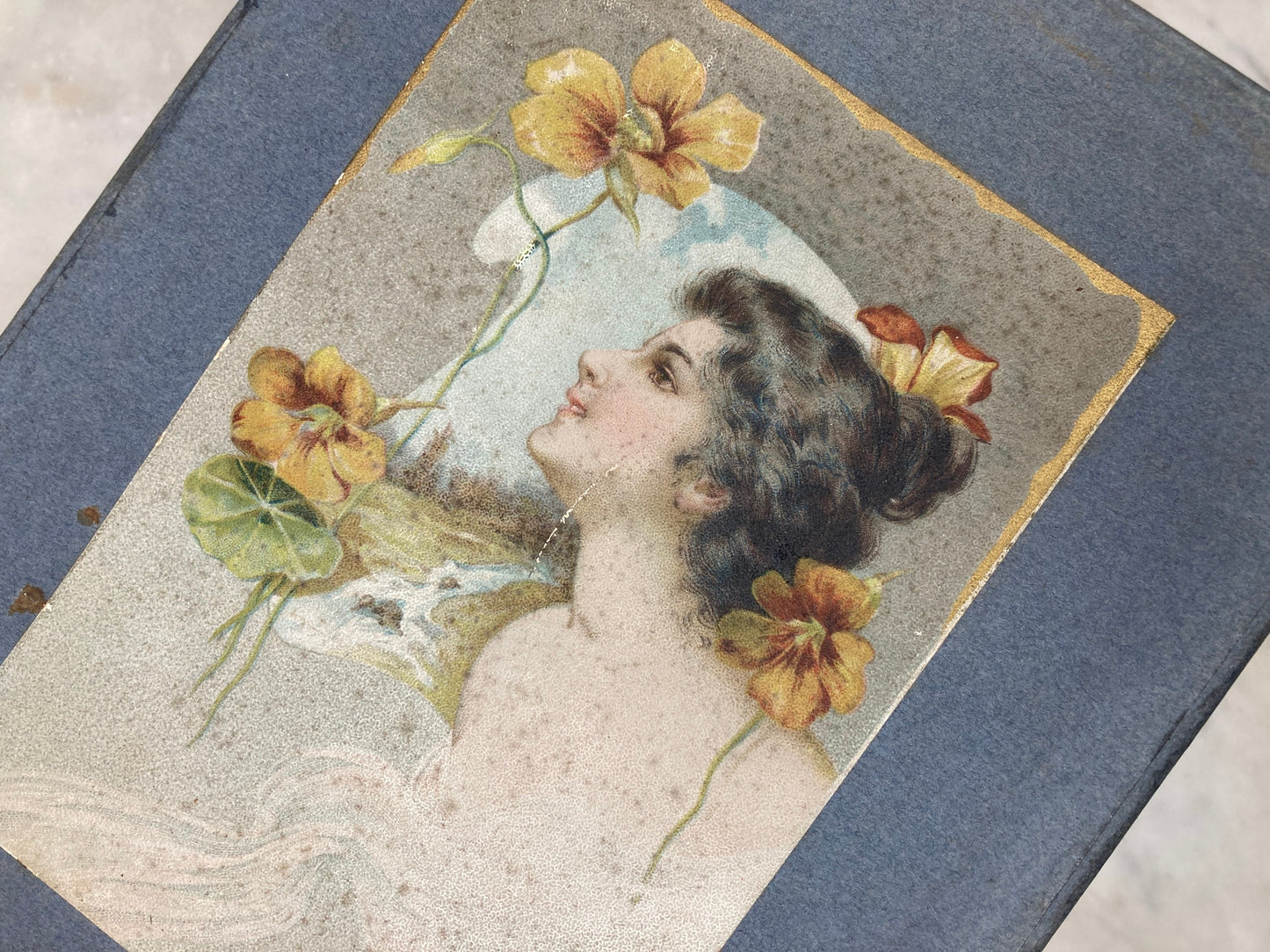 Antique Paper Box with Woman and Poppies