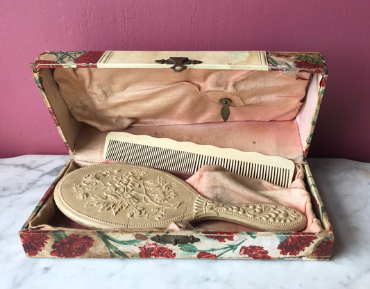 Victorian Celluloid Box with Hand Mirror and Comb